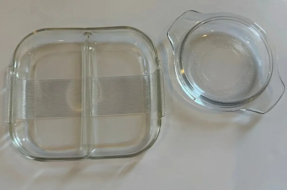 2 Vtg Glass Dishes 2 Compartment Serving Tray/Small Round Dish